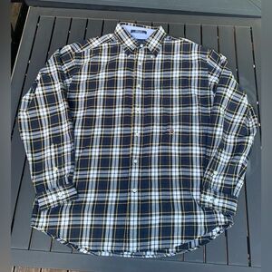 Tommy Hilfiger Button Down Plaid Shirt Navy Yellow White Embroidered Crest Large